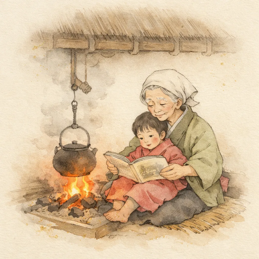 悠真くんと、おばあちゃんの囲炉裏
